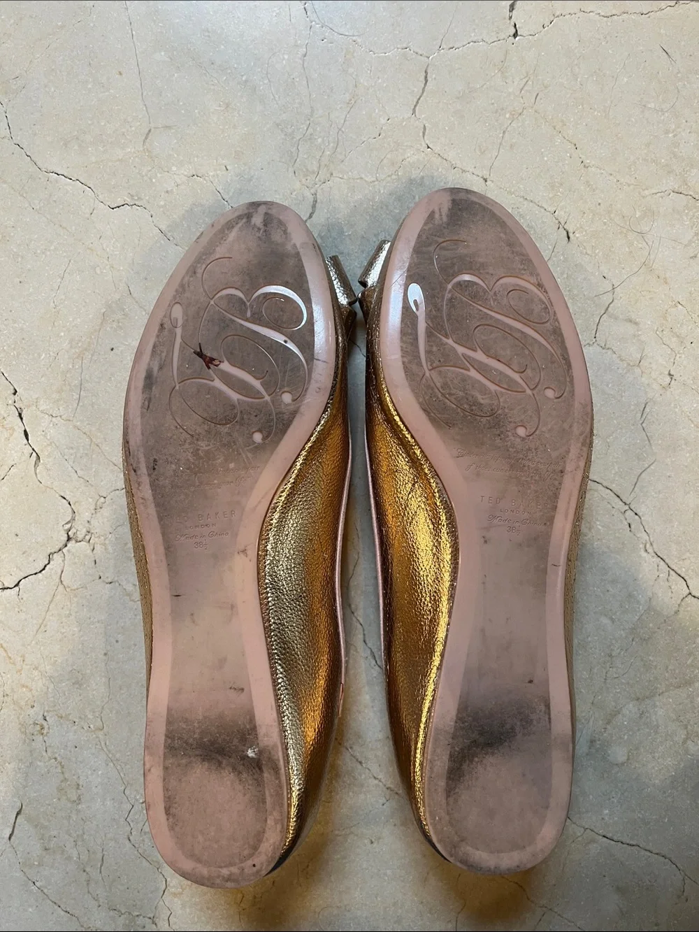 Ted Baker Metallic Rose Gold Bow Ballet Flats with Pink Interior